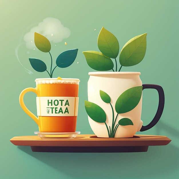 Photo hot tea with plant in vase and hot coffee vector illustration chill illustration talking and break time flat cartoon style suitable for web landing page banner flyer sticker card backgroundbackground