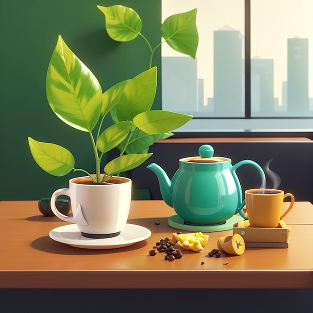 Hot Tea with Plant in Vase and Hot Coffee Vector Illustration Chill Illustration Talking and Break Time Flat Cartoon Style Suitable for Web Landing Page Banner Flyer Sticker Card Backgroundbackground