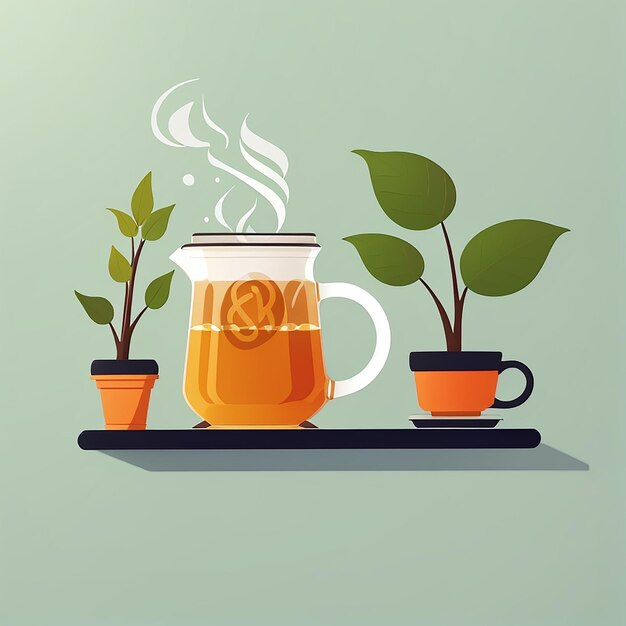 Photo hot tea with plant in vase and hot coffee vector illustration chill illustration talking and break time flat cartoon style suitable for web landing page banner flyer sticker card backgroundbackground