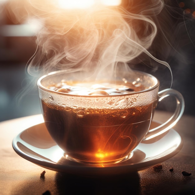 Hot tea with steam in a cup on a dark background Generative AI