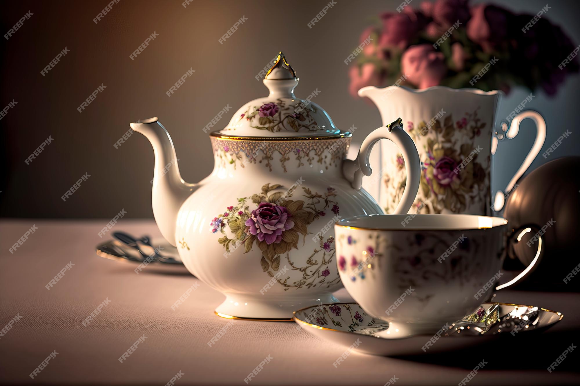 Premium Photo  Hot teapot and teacups vintage tea set generative ai