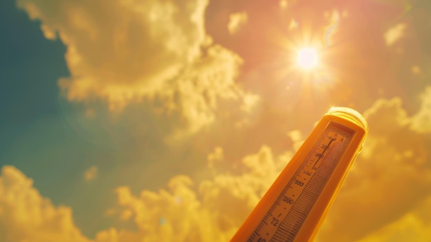 Photo hot temperaturethermometer on yellow sky with sun shining in summer show higher weather concept global warming