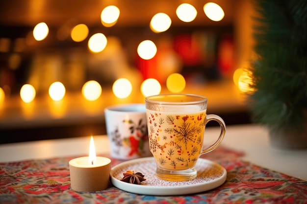 Hot toddy on a coaster with a holiday pattern beside a lit candle