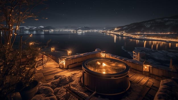 A hot tub on a deck overlooking a body of water and a city in the background.