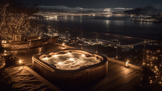 A hot tub on a deck overlooking a city at night.