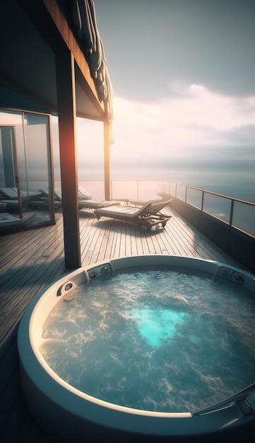 Гидромассажная ванна на террасе на фоне заката солнца
