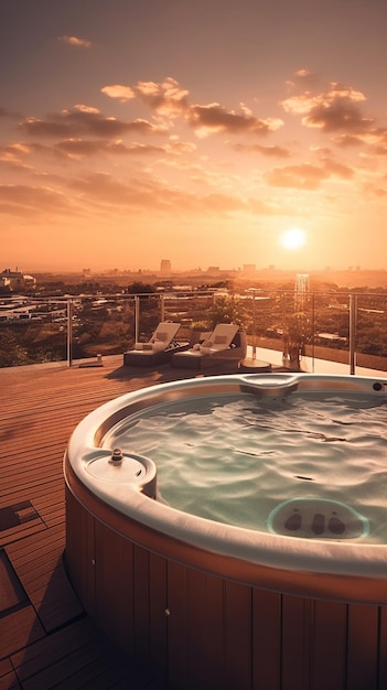 A hot tub on a deck with a view of the city in the background