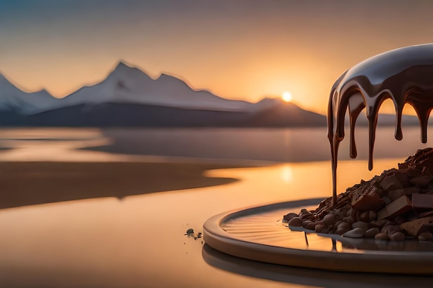 A hot tub with a mountain in the background