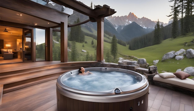 Photo a hot tub with a view of mountains and a mountain view