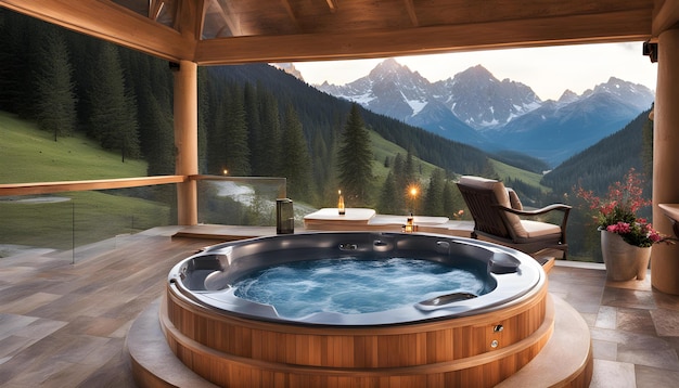 Photo a hot tub with a view of mountains and mountains