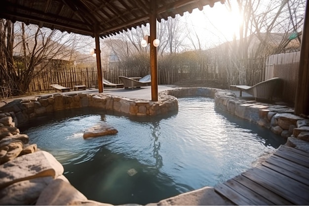 A hot tub with a wooden roof and a wooden structure with a stone pathway.