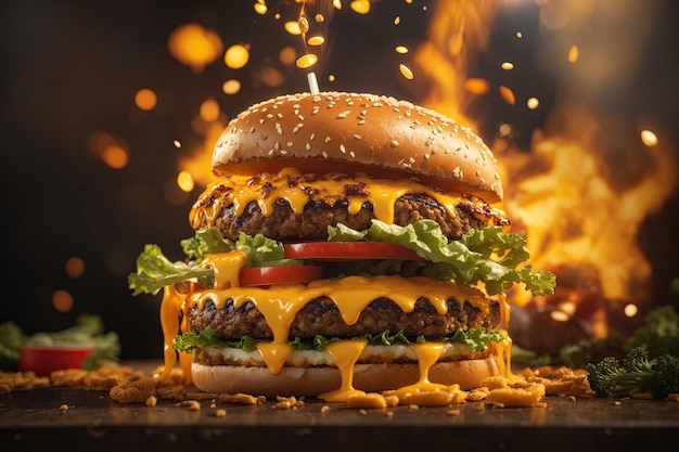 Photo hot vegan burger with melted cheese fire and flying ai generative