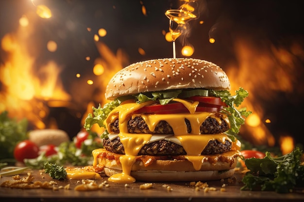 Photo hot vegan burger with melted cheese fire and flying ai generative