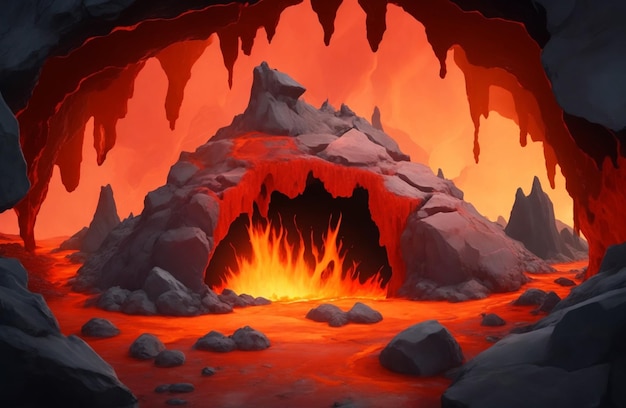 Hot volcano cave with lava flow from cracked stones cartoonstyle