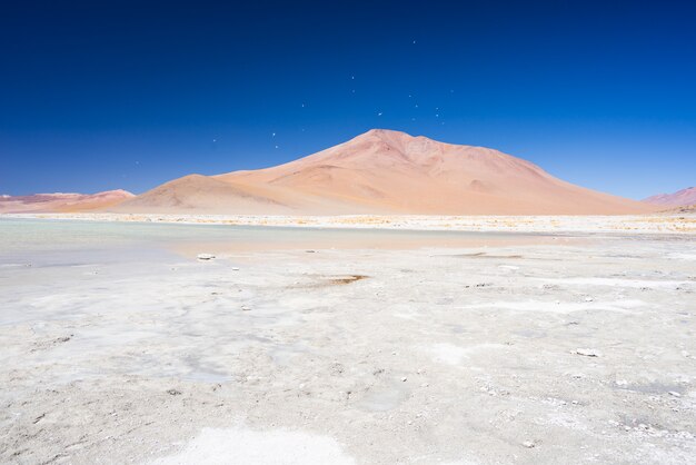 Hot water ponds and frozen lake on the Andes