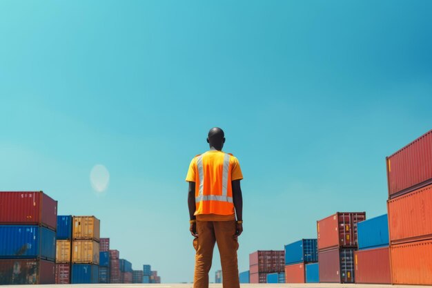 hot weather concept A man in a safety vest stands in front of a container yard