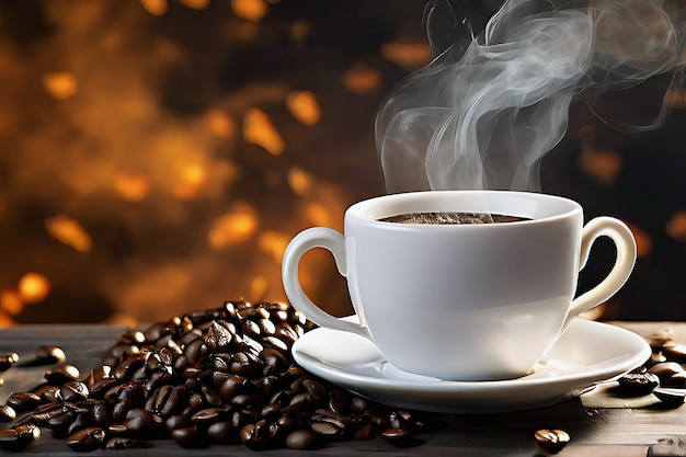 A hot white coffee cup and smoke with coffee beans