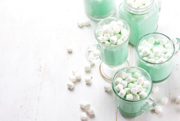 Hot white mint chocolate with marshmallows