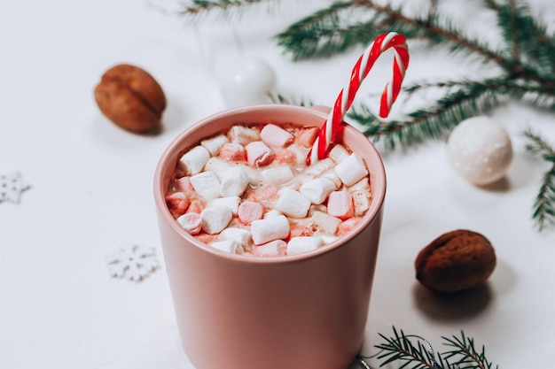 Hot winter drink Cocoa marshmallow spruce branches Christmas New Year39s drink