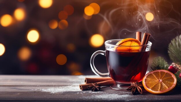 Photo hot winter mulled wine on a festive beautiful decorated background