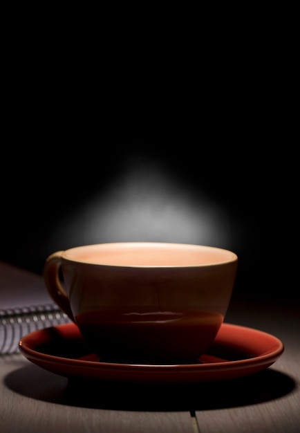 hot yellow mug with steam on desk table space for text