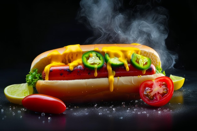 Foto hotdog bedekt met ketchupmosterd en augurken generatieve ai