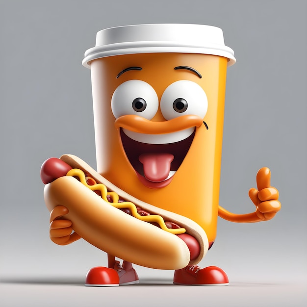 Foto personaggio di hotdog che tiene in mano una tazza di caffè faccia felice