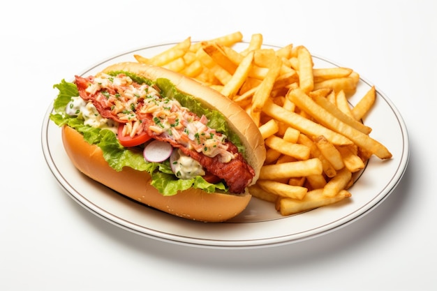 Hotdog en friet op bord op een witte of heldere oppervlakte PNG doorzichtige achtergrond