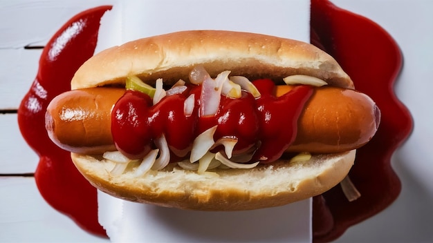 Foto hotdog en ketchup van boven