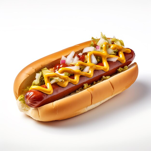 Hotdog fastfood hotdog sauzen witte achtergrond hoog gedetailleerd