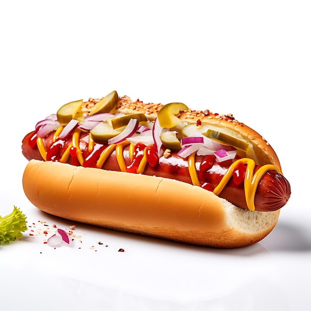 Hotdog fastfood hotdog sauzen witte achtergrond hoog gedetailleerd