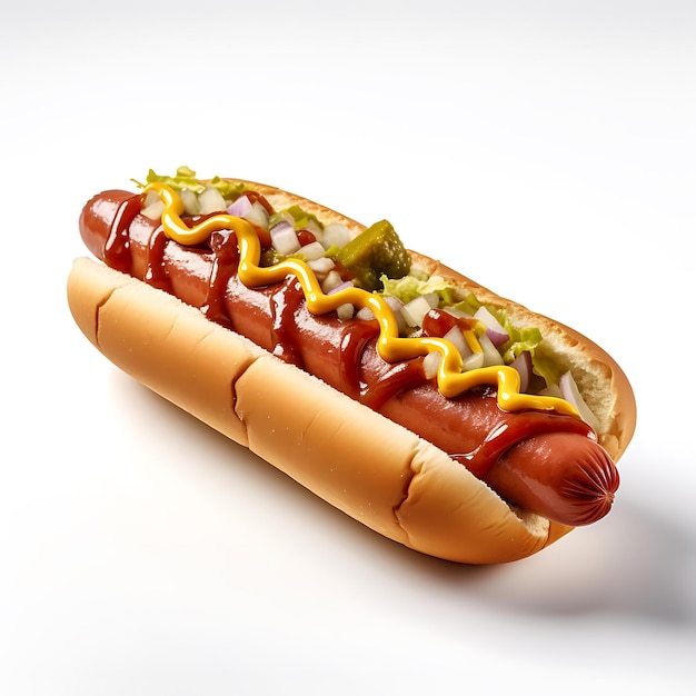 Hotdog fastfood hotdog sauzen witte achtergrond hoog gedetailleerd