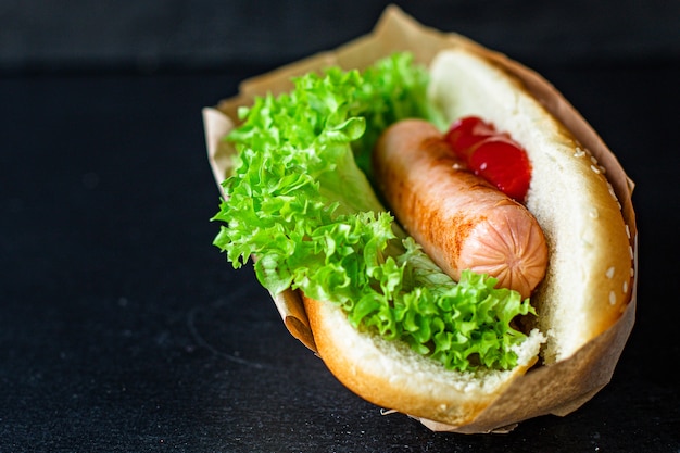 Hotdog fastfood worst sandwich en tomatensaus sla blad