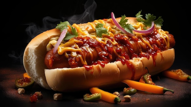 hotdog met een grote worst gevuld met gesmolten mayonaise en een sprinkle van gehakte groenten