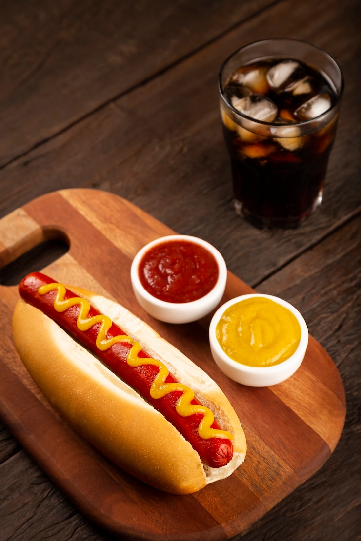Hotdog met ketchup en gele mosterd