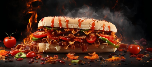 Hotdog met ketchup spek en groenten op een zwarte achtergrond