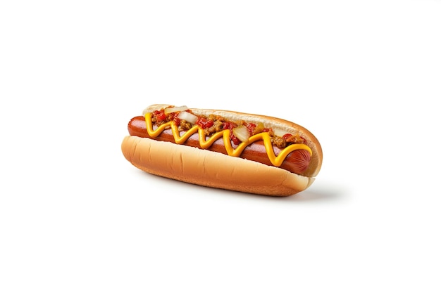 Hotdog met mosterd en ketchup geïsoleerd op een witte achtergrond