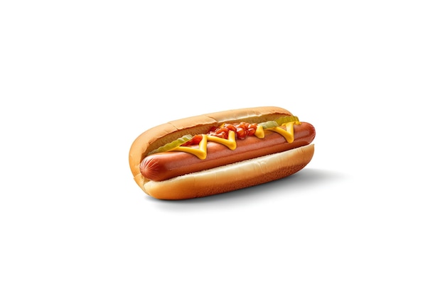 Hotdog met mosterd en ketchup geïsoleerd op een witte achtergrond