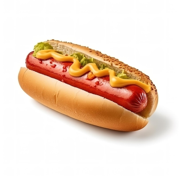 Hotdog met mosterd en ketchup op een witte achtergrond