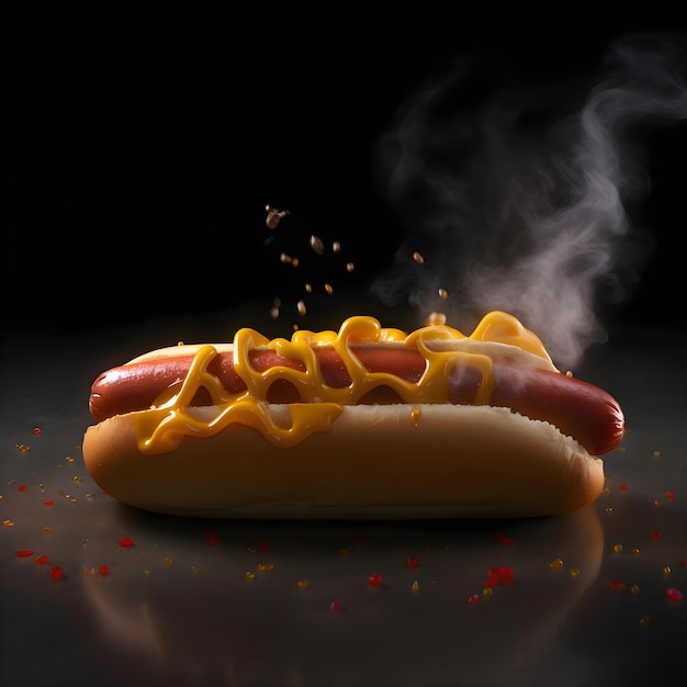 Hotdog met mosterd en ketchup op een zwarte achtergrond met rook