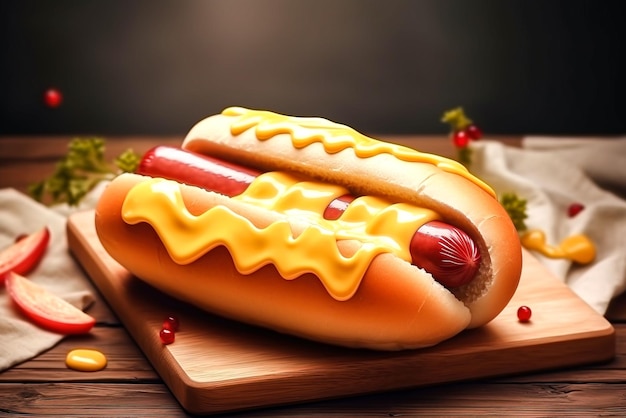 Hotdog met mosterd en ketchup op houten plank op donkere achtergrond Generatieve AI