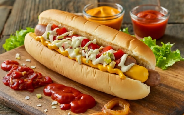 Hotdog met mosterd en ketchup.