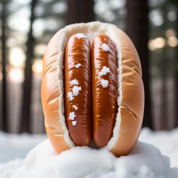 Foto hotdog met sneeuw in plaats van mayonaise.