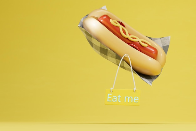 Hotdog op een gele achtergrond met een bord dat me leest in neon copy paste copy space 3D render