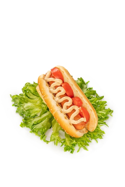 Hotdog op een witte geïsoleerde achtergrond gebakken worst in saus