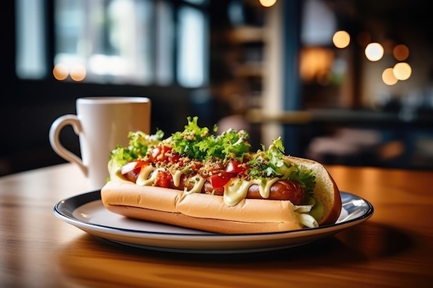 Foto hotdog op het bord naast een kop koffie.