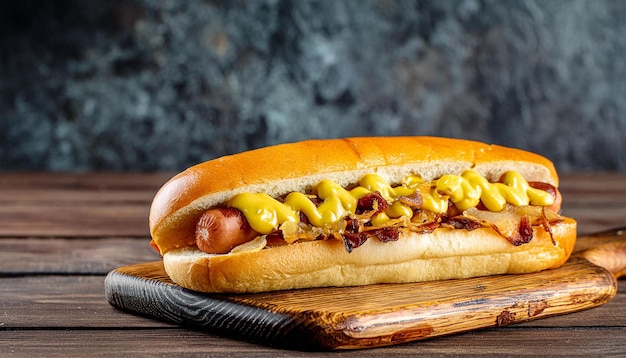 Hotdog with crispy bacon fried onions melted cheese and mustard on wooden table Tasty fast food