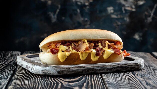 Hotdog with crispy bacon fried onions melted cheese and mustard on wooden table Tasty fast food