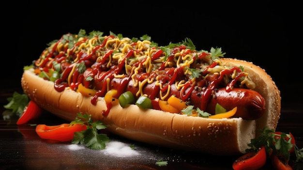 hotdog with a large sausage filled with melted mayonnaise and a sprinkling of chopped greens