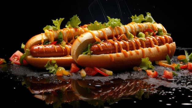 Foto hotdog con una grande salsiccia ripiena di maionese fusa e una spolverata di verdure tritate